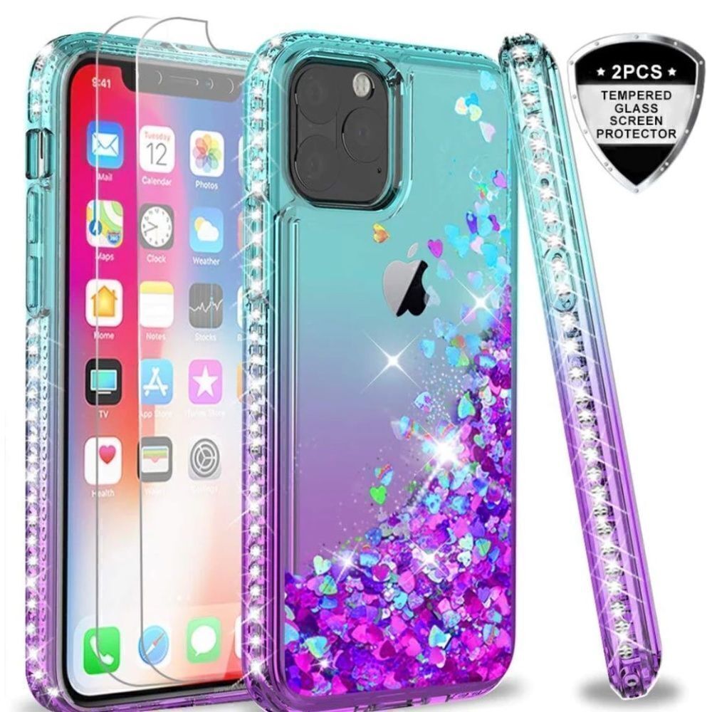 NEW LeYi iPhone 11 Pro Max Case W/ 2 Tempered Glass Protectors Teal Glitter